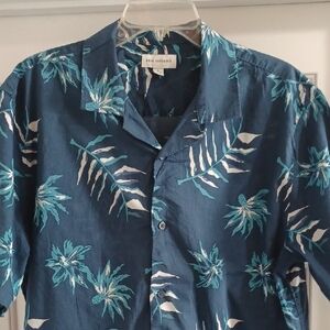 Navy Blue Tropical Print Short-Sleeve Button Down Shirt, L